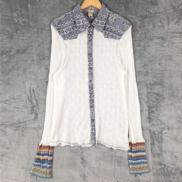 Womens Top Large Boho Chic Knit Country Western Lace Aztec Button Down Feminine - Picture 1 of 8